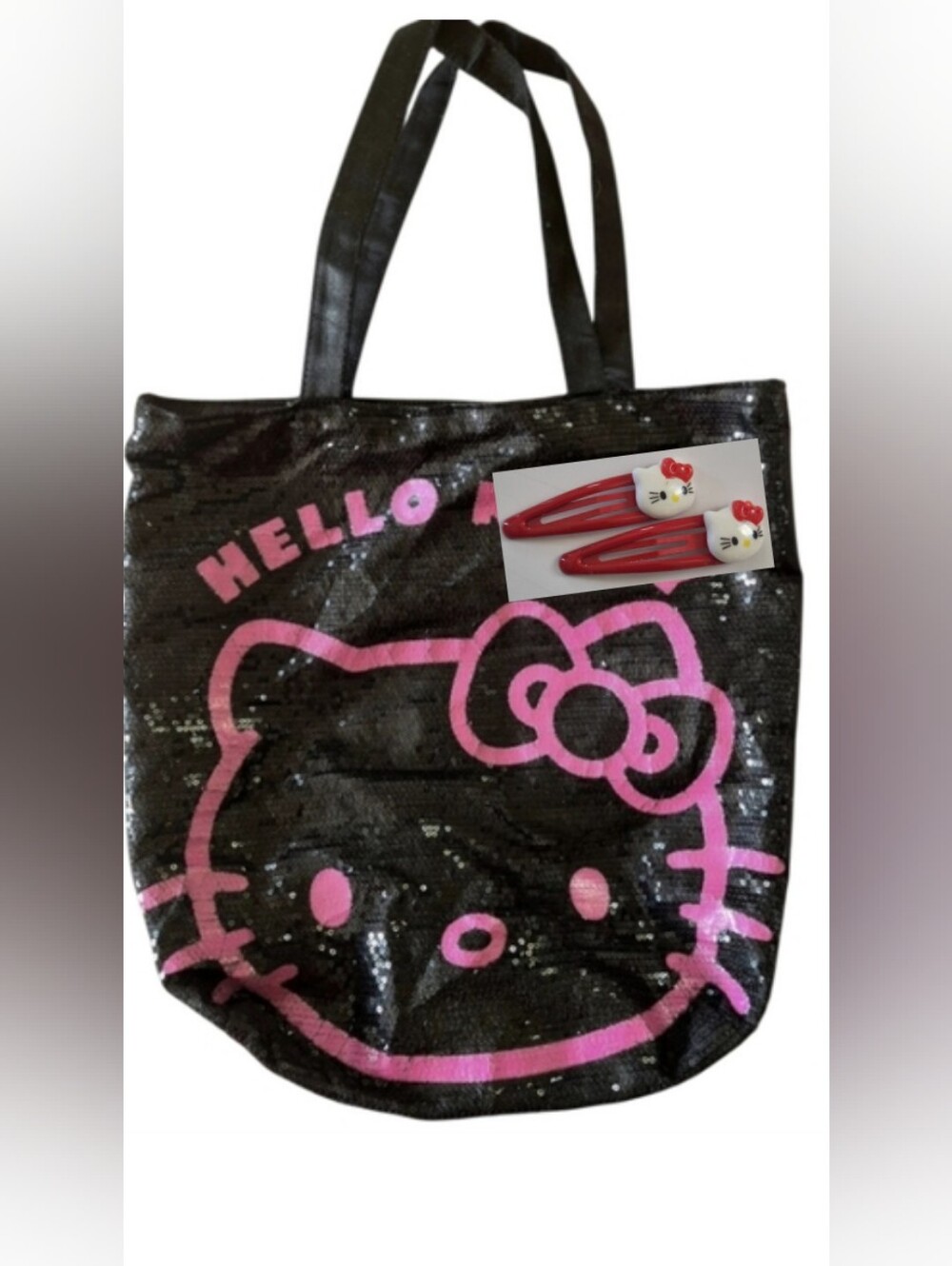 Sequin Hello Kitty Blk/Hot Pink Tote Bag With 2 HK Hairclips New